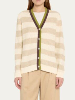 Kule Raven Cream Beige Green Stripe Cotton Blend V-neck Cardigan Sweater S